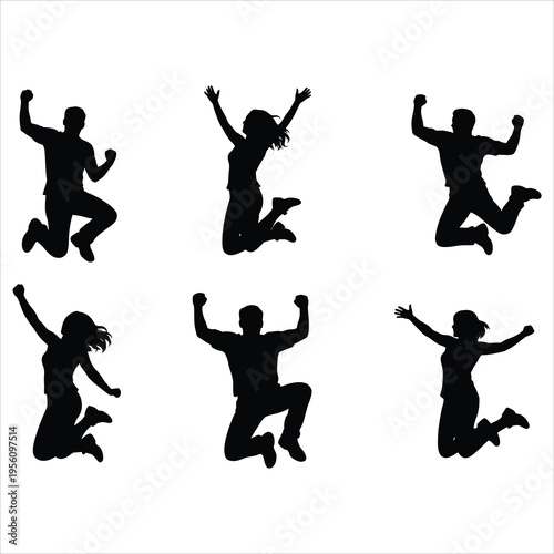 Six black silhouettes of people jumping in the air with their arms raised