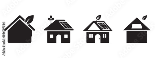 Eco friendly house vector icon set with transparent background, flat black silhouette green home with leaf, solar panels, sustainable energy symbols, isolated PNG, cutout environment design