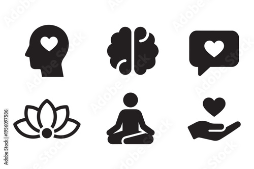 Mental health and wellbeing vector icon set with transparent background, flat black silhouette head heart, brain, lotus, meditation, hand holding heart symbols, isolated PNG, cutout design