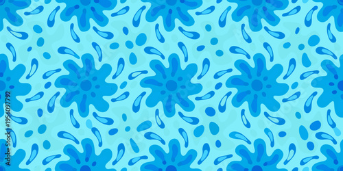 Abstract seamless pattern with swirling blue shapes and droplet motifs