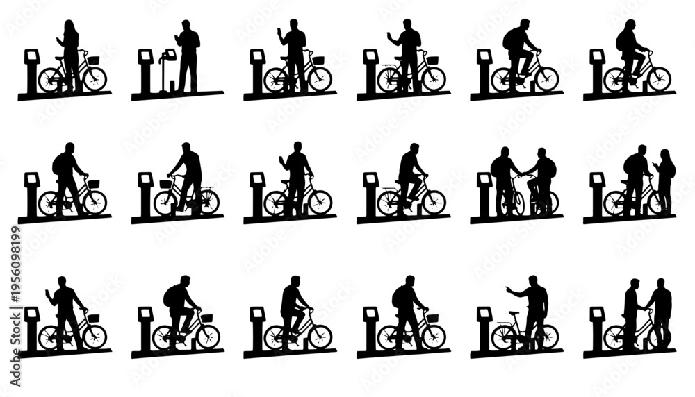 Fototapeta premium Black and white vector illustration set of cyclists interacting with bicycles at urban bike parking stations and parking meters. Silhouettes show people arriving by bike, locking bicycles, standing