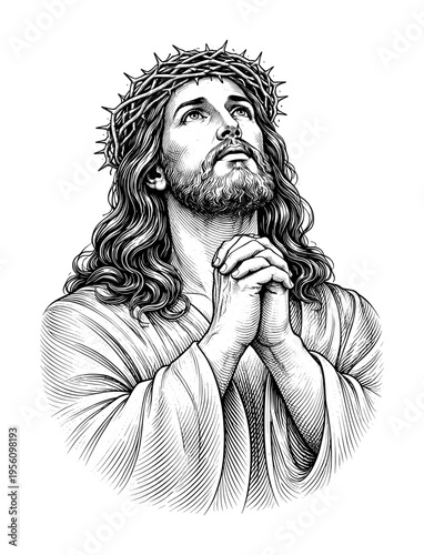 slim lines guilloche drawing illustration of a jesus christ in praying poses devoutly