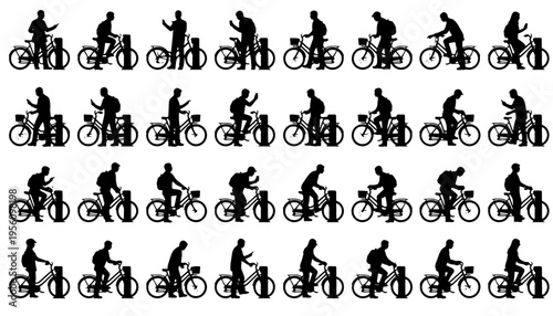 Black and white vector illustration set of cyclists riding bicycles in various poses. Collection shows people commuting, riding in the city, traveling by bike and cycling in everyday situations. 