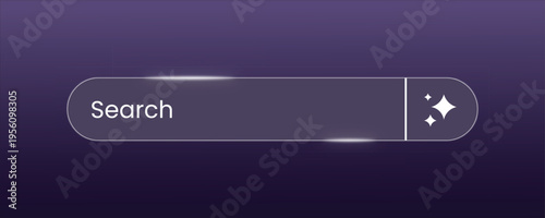 Dark purple search bar with faint glow effect and sparkling stars icon, modern input field for online platforms and user interfaces