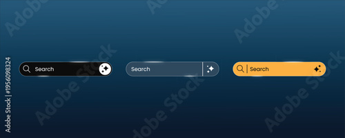 Collection of search bars in various styles and colors including black, grey, and orange, with magnifying glass and sparkle icons