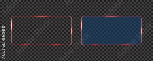 Neon red glowing frames set on dark transparent background. Rectangular thin borders with light effects and bright sparkles. Vector layout for digital advertising