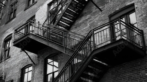 Black and white photo of a zigzagging fire escape against a plain brick wall