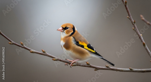 Vibrant goldfinch perched on a bare tree branch with yellow black and white feathers against a blurred gray background with soft natural lighting