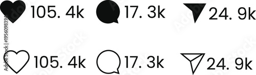 Social media engagement icons, solid and outline styles with like, comment, and share symbols next to follower counts