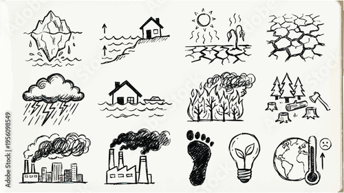 Set of 12 Hand-Drawn Climate Change and Environmental Crisis Icons Vector Illustration for Global Warming Concepts, Ecological Issues, and Sustainable Solutions