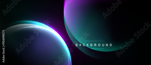 Abstract design features glowing curves, gradients. Dark background enhances vibrant blue, purple hues. Modern, minimalist aesthetic.