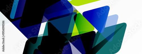 Abstract composition. Overlapping translucent shapes create dynamic visual effect. Blues, greens dominate palette. Modern design.