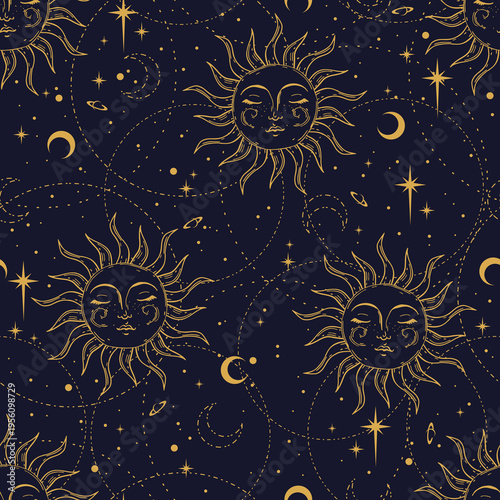 Vector astrology seamless pattern with sun. Mystical esoteric background for design of fabric, packaging, astrology, phone case, wrapping paper.