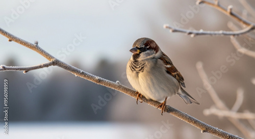 Small sparrow perched on frosty branch in winter landscape with snow