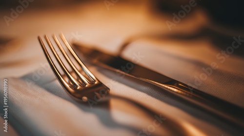 guest. Elegant table setting with polished silverware on white linen, focusing on fork tines in warm ambient light. lifestyle magazines.