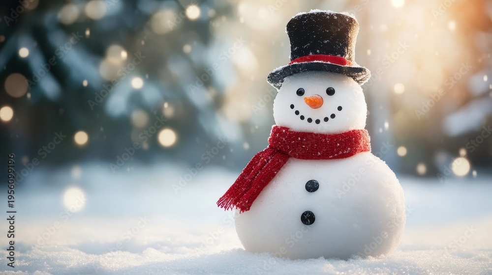 Fototapeta premium A Joyful Snowman Wearing a Top Hat and Red Scarf in a Snowy Winter Landscape
