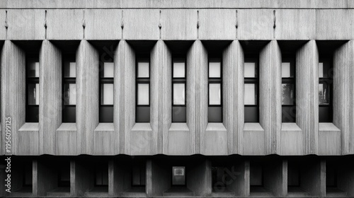 Black and white photo of an endless row of identical windows on a building