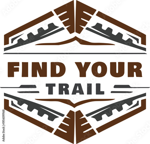 Hexagonal find your trail badge with mountain track border