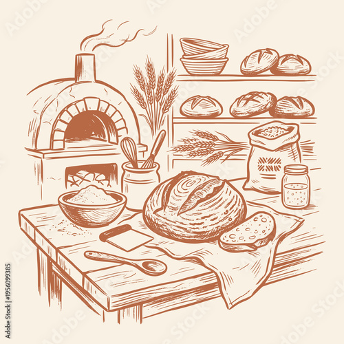 Artisan Sourdough Bread Bakery Vector Illustration Drawing, Vintage Rustic Hand Drawn Sketch Style, Artisanal Breadmaking Kitchen Scene, Wood Fired Oven, Starter Jar, Flour Sack, Wheat Line Art
