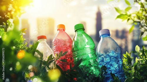 Colorful Plastic Bottles in Urban Nature Amidst Sunlight, Symbolizing Recycling and Environmental Awareness