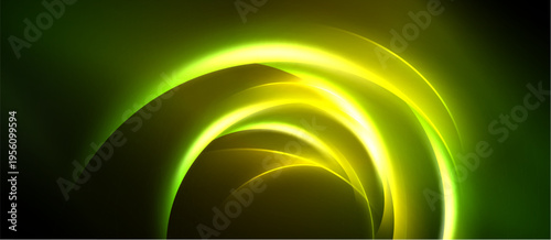 Abstract design features glowing curved lines. Dark background contrasts bright yellow, green hues. Modern, dynamic visual composition.