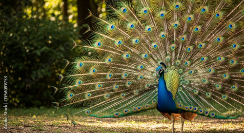 Vibrant peacock displaying colorful plumage in a natural outdoor setting with trees