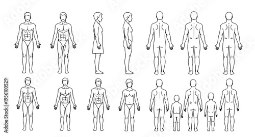 Body outline vector set with male female and child anatomy template views