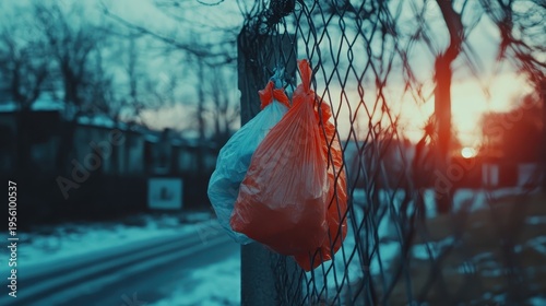 Plastic bags tangled in a chain-link fence along a suburban road after a storm, with bright colors and soft light