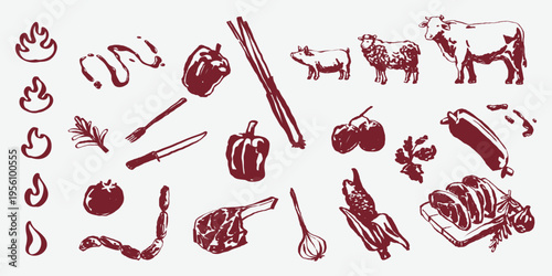 Hand-drawn rustic BBQ elements featuring farm animals, grilled meats, and fresh vegetables. Perfect for organic restaurant menus, butcher shop branding, and backyard cookout invitations.