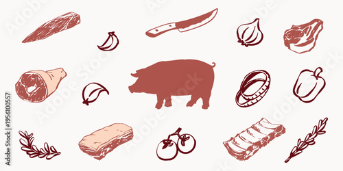 Vintage style pork meat cuts and culinary icons. Suitable for chalkboard menu designs, artisanal food product labels, butcher infographics, and meat processing industry graphics.