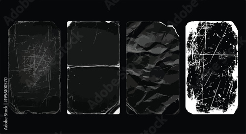Set of 4 distressed dark paper texture vector backgrounds with grunge scratches, folds, and crumpled effects for overlay design