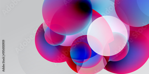 Abstract composition featuring overlapping translucent circles. Vivid pinks, blues, whites contrast against dark background. Modern, dynamic visual.