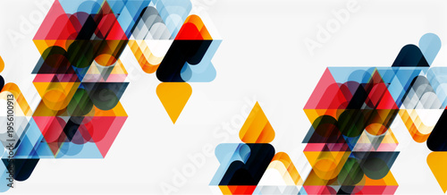 Abstract geometric shapes overlap, creating vibrant colorful patterns. Transparency adds depth, resulting in modern design.