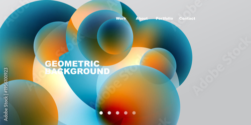 Abstract geometric shapes overlap, creating vibrant color gradients. Dark background contrasts with bright orange, blue hues. Minimalist navigation present.