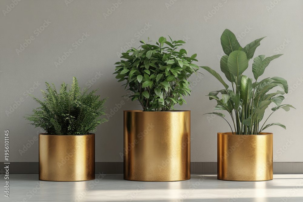 Fototapeta premium Sleek Interior Design with Balanced Plant Stand Arrangement