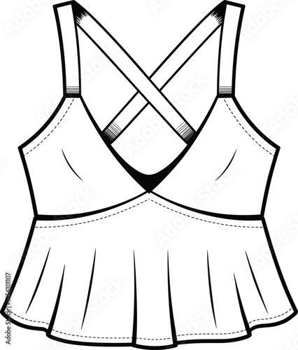 Women crop top with cross back straps and pleated hem fashion sketch, cad drawing flat vector illustration