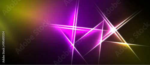 Abstract vibrant lines intersect over dark background. Purple, yellow hues create dynamic visual effect. Brightness contrasts sharply.