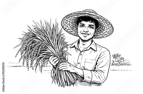 Smiling Farmer Holding Fresh Rice Harvest – Minimal Black and White Line Art Illustration