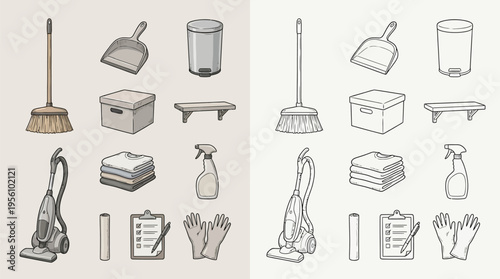 Collection of various household cleaning supplies and tools, presented in both colored and line art styles for domestic maintenance.