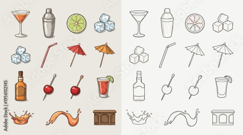 Colorful vector illustrations of various cocktail ingredients and bar accessories.