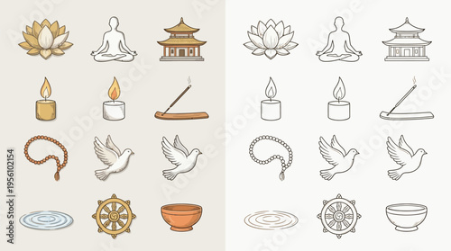 Collection of Buddhist and meditation-related symbols and icons in color and outline styles.