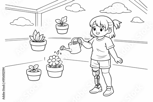 Girl with prosthetic leg watering plants in a bright indoor garden
