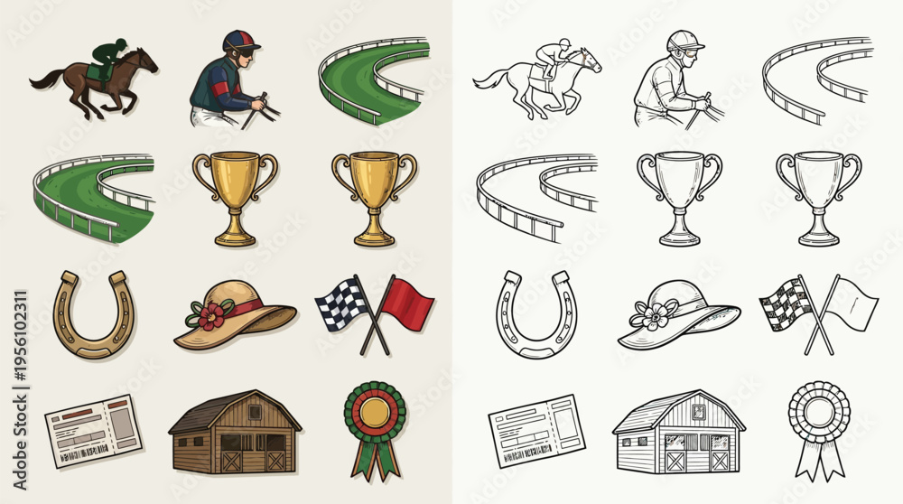 Fototapeta premium Collection of horse racing themed icons in both color and black and white outline styles, featuring jockeys, tracks, trophies, and related accessories.