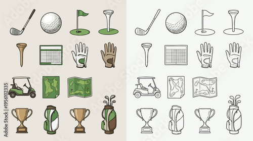 A comprehensive collection of golf equipment and accessories, presented in both colored and engraved styles, perfect for sports and leisure designs.
