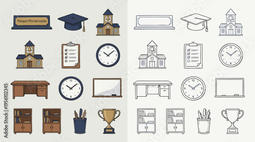 Collection of school and office related icons, featuring buildings, desks, clocks, and academic symbols.