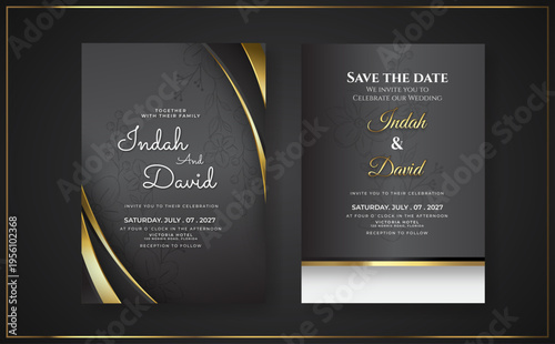 Romantic wedding invitation template with golden ornament.