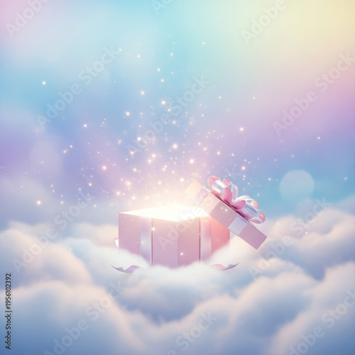 Magical glowing gift box opening on soft clouds with pastel rainbow sky, dreamy surprise concept with sparkles and light burst for celebration, birthday or fantasy greeting design