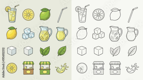 Collection of colorful and line-art illustrations of lemonade ingredients, drinks, and stands.