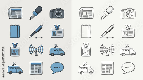 Collection of journalism and news-related icons, including newspapers, microphones, cameras, badges, and news vans, presented in both color and outline versions.