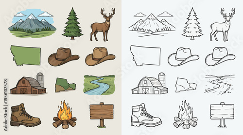 Collection of Montana-themed icons including landscapes, wildlife, and rural elements in both color and line art styles.
